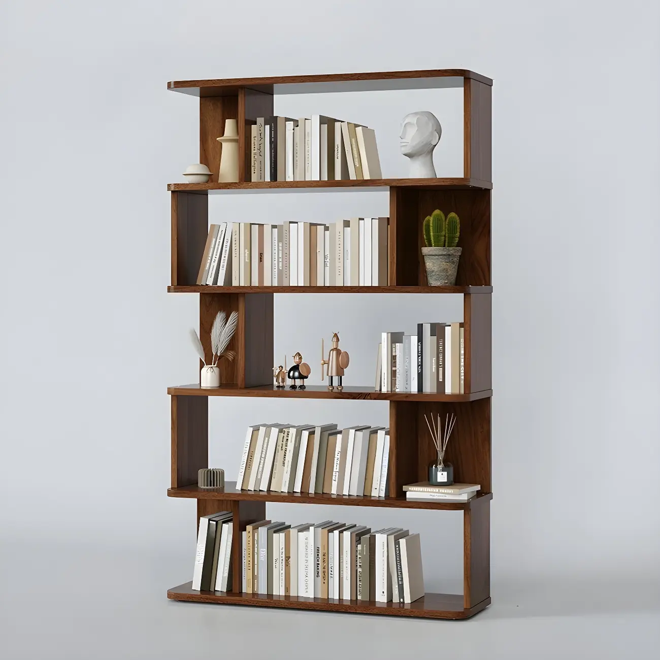 Tall Modern Walnut Open Back 6-Shelf Wood Bookcase Image - 19 | homeyfad