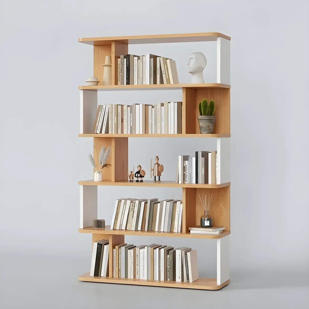 Tall Modern Walnut Open Back 6-Shelf Wood Bookcase Image - 20