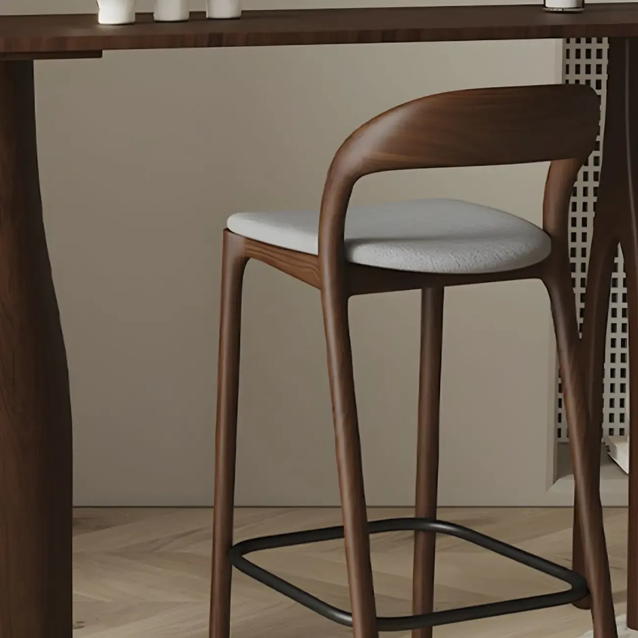 Mid-Century Modern Wood Faux Leather Bar Stool Image - 4