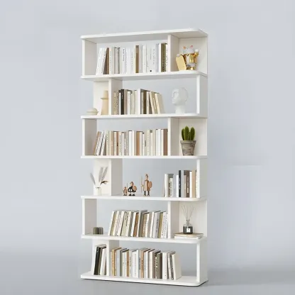 Tall Modern Walnut Open Back 6-Shelf Wood Bookcase Image - 21