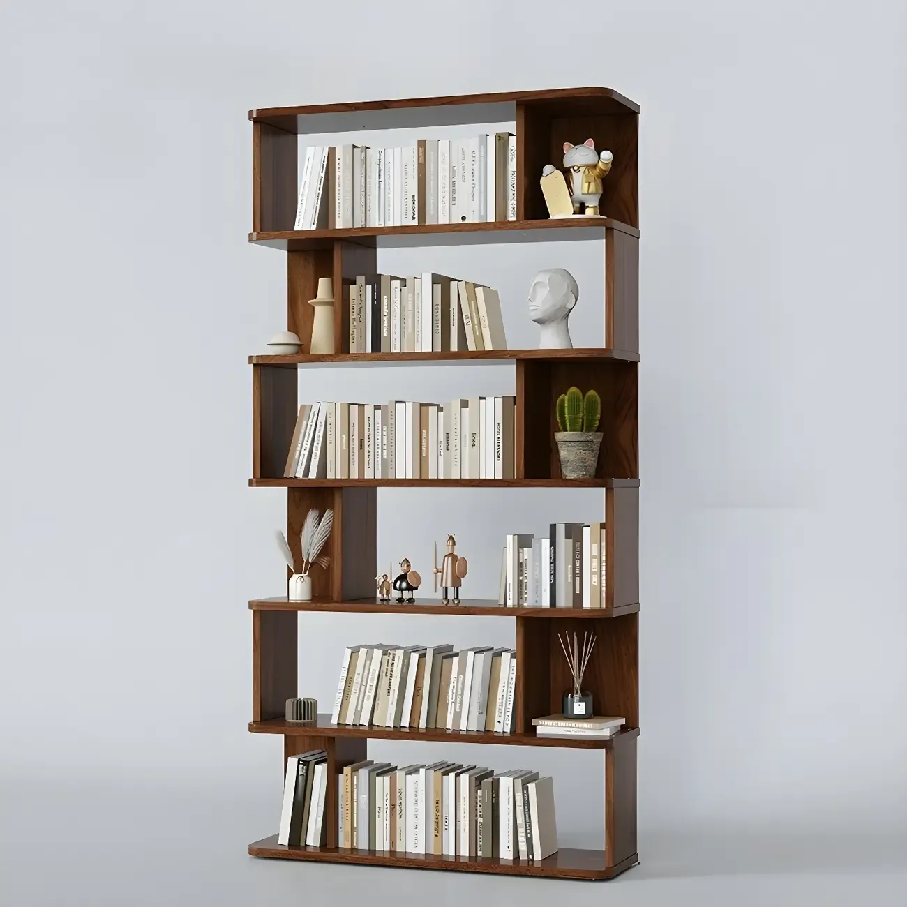 Tall Modern Walnut Open Back 6-Shelf Wood Bookcase Image - 23