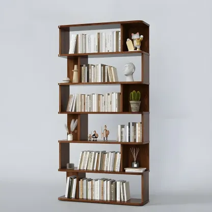 Tall Modern Walnut Open Back 6-Shelf Wood Bookcase Image - 23