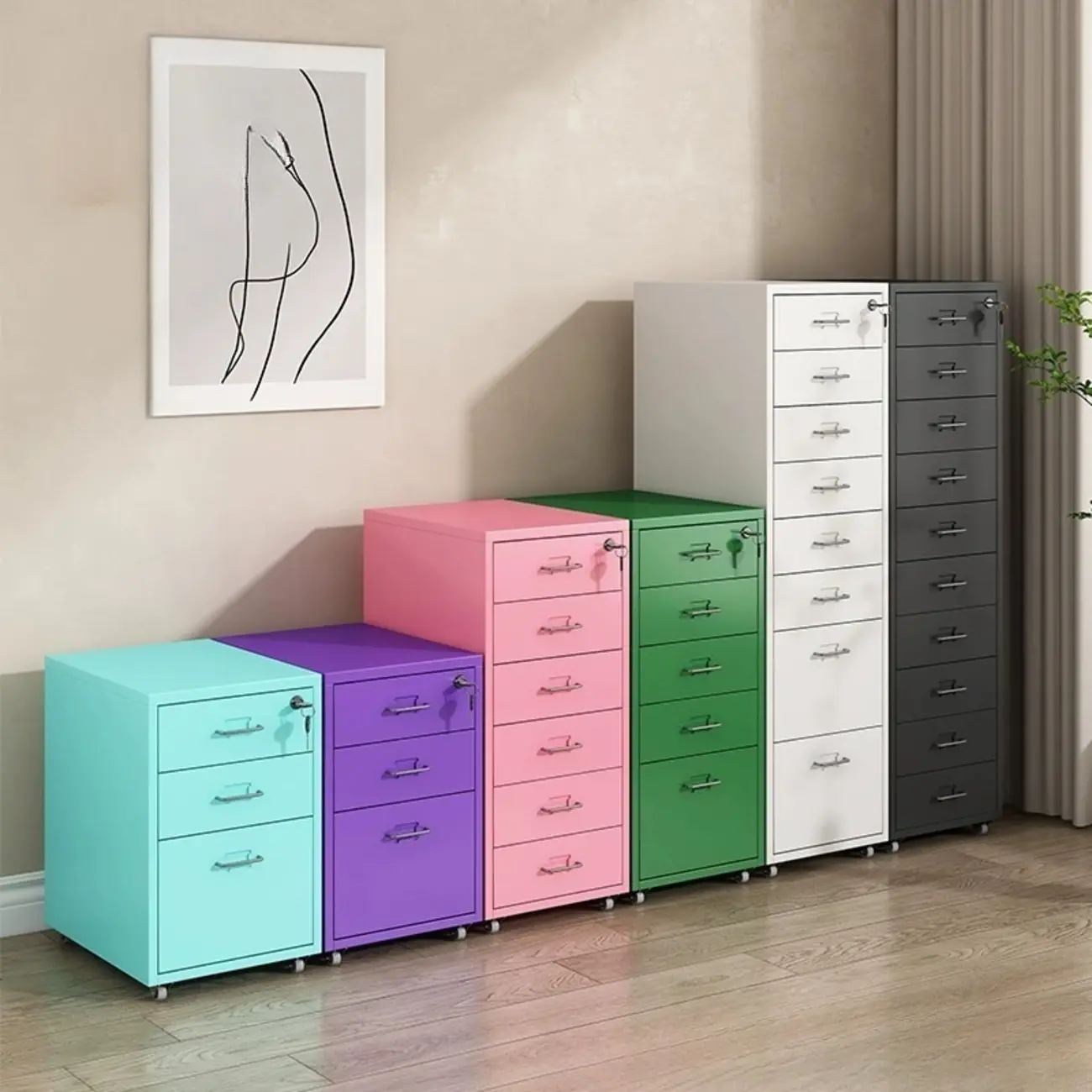Nordic Vertical Metal Filing Cabinet with Casters for Home Office Image - 4 | homeyfad