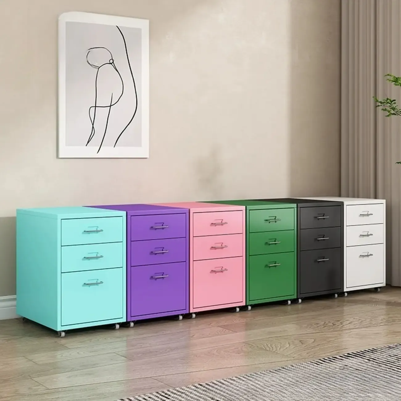 Nordic Vertical Metal Filing Cabinet with Casters for Home Office Image - 5