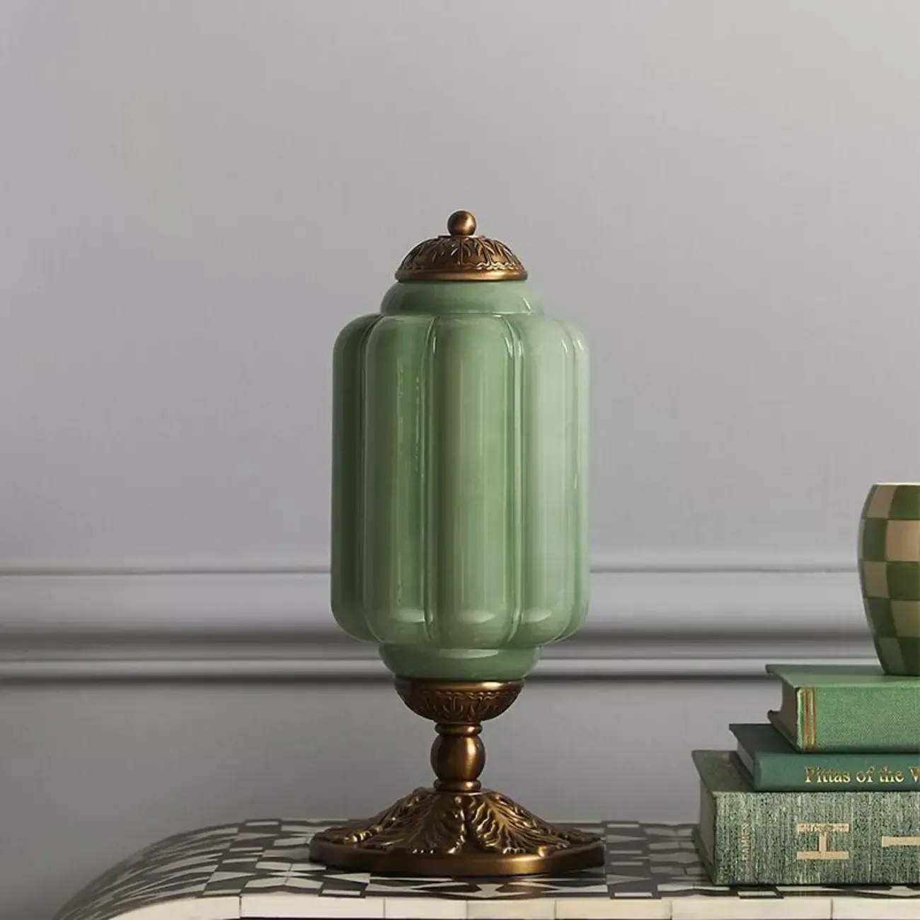 Vintage Green Elegant Glass Table Lamp with Brass Base Image - 1