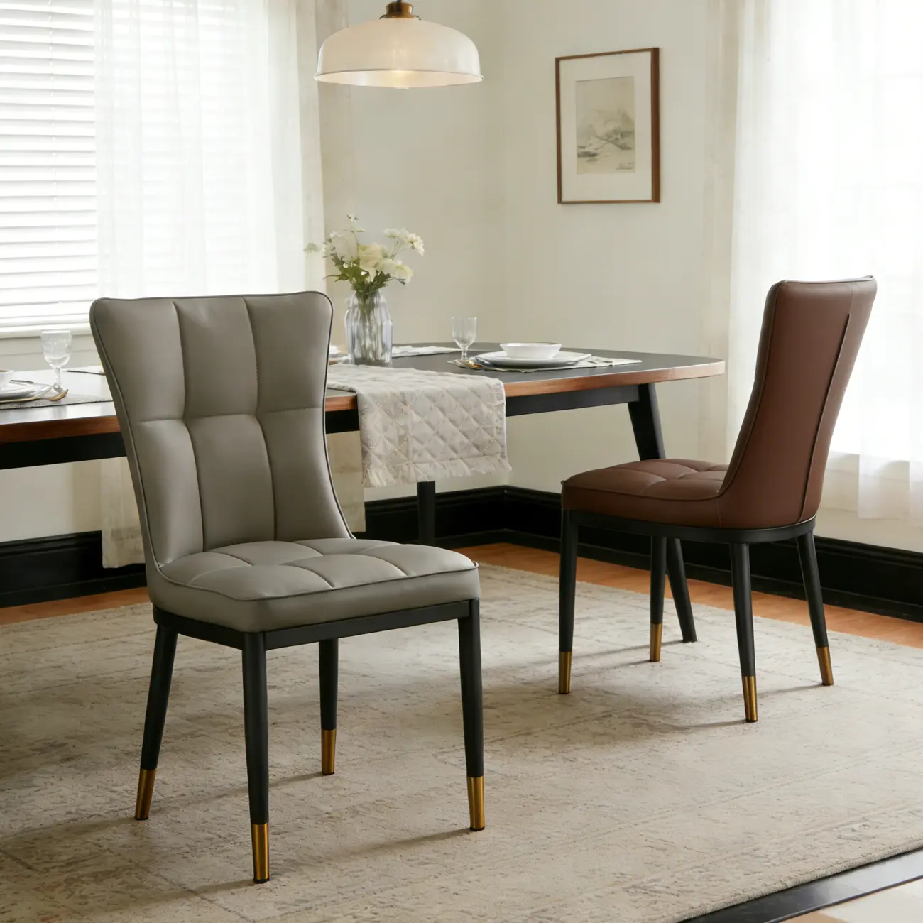 Armless Grey Tufted Leather High Back Dining Chair Image - 1