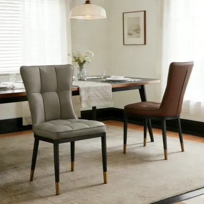 Armless Grey Tufted Leather High Back Dining Chair Image - 1