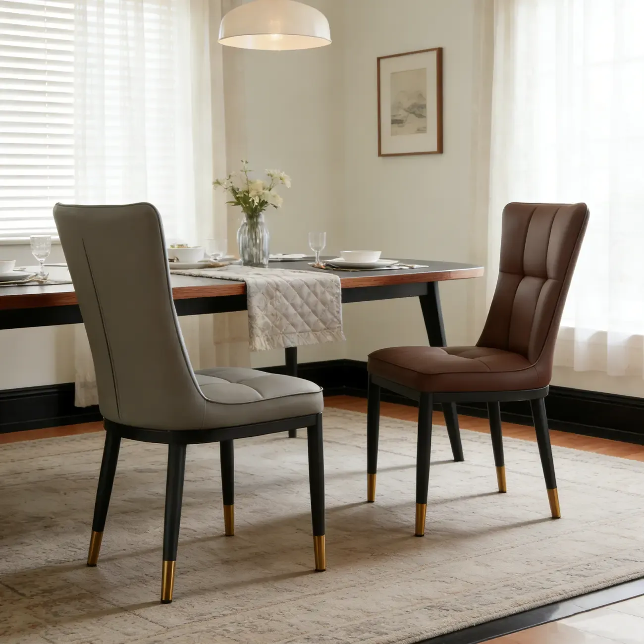 Armless Grey Tufted Leather High Back Dining Chair Image - 2