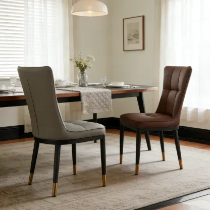 Armless Grey Tufted Leather High Back Dining Chair Image - 2