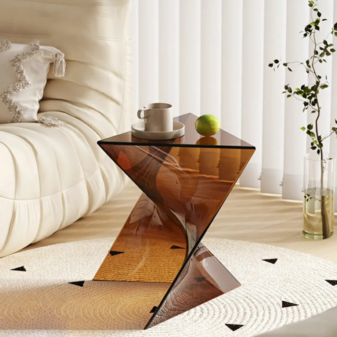Living Room Acrylic Triangle Side Table with Twisted Base Image - 1 | homeyfad