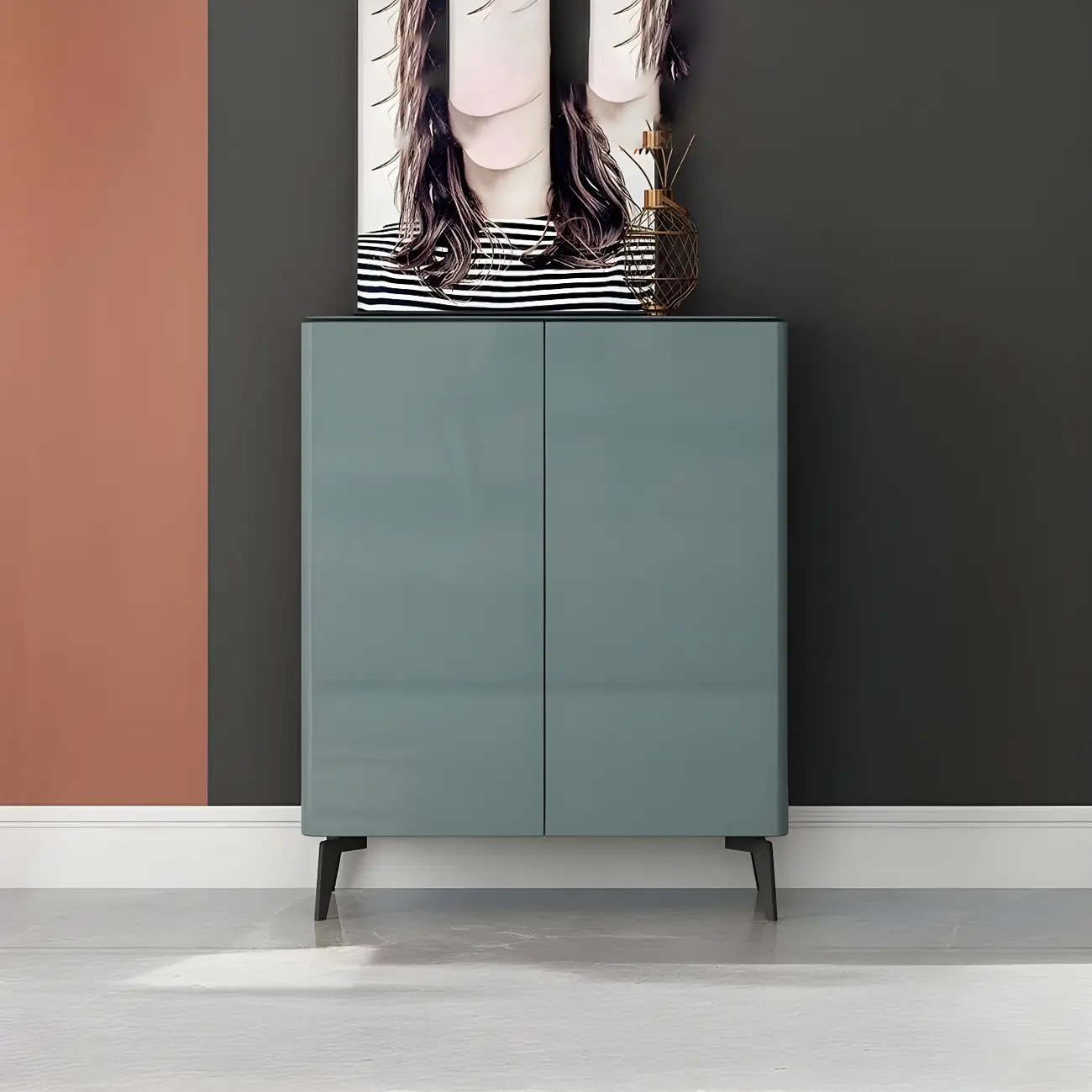 Gloss Green Wood Shoe Storage Cabinet for Entryway Image - 3 | homeyfad