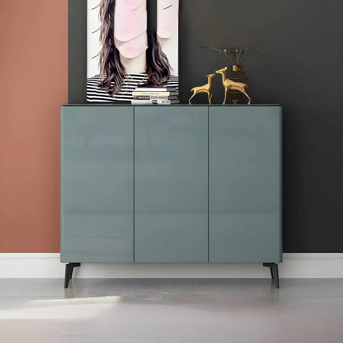 Gloss Green Wood Shoe Storage Cabinet for Entryway Image - 4