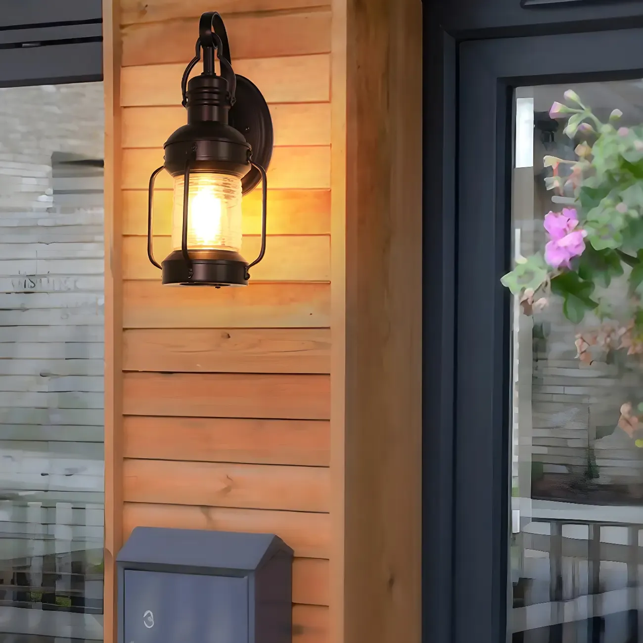 Industrial Black Metal Outdoor Wall Light with Glass Image - 2