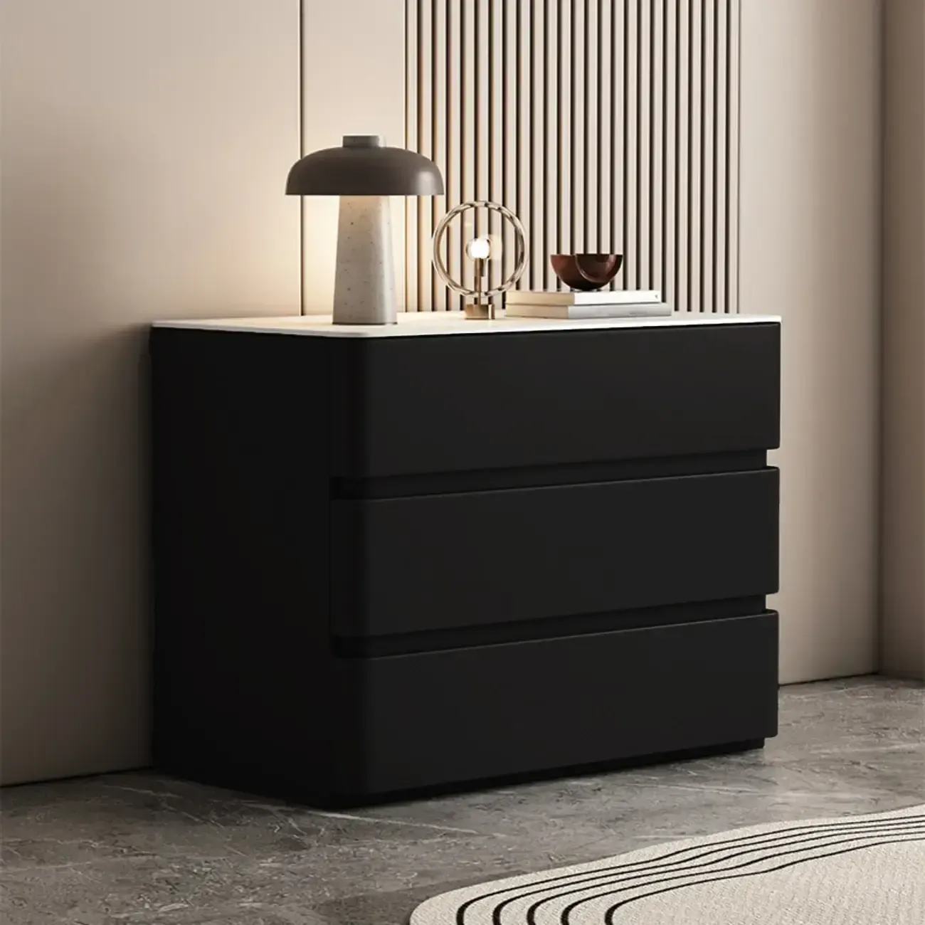 Rectangle Stone Top Wooden 3-Drawer Nightstand Image - 10