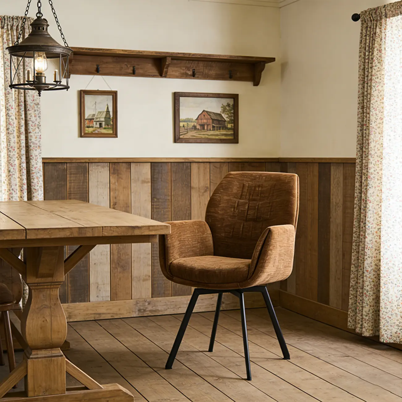 Brown Curved Back Chenille Arm Chair Dining Chairs Image - 2 | homeyfad