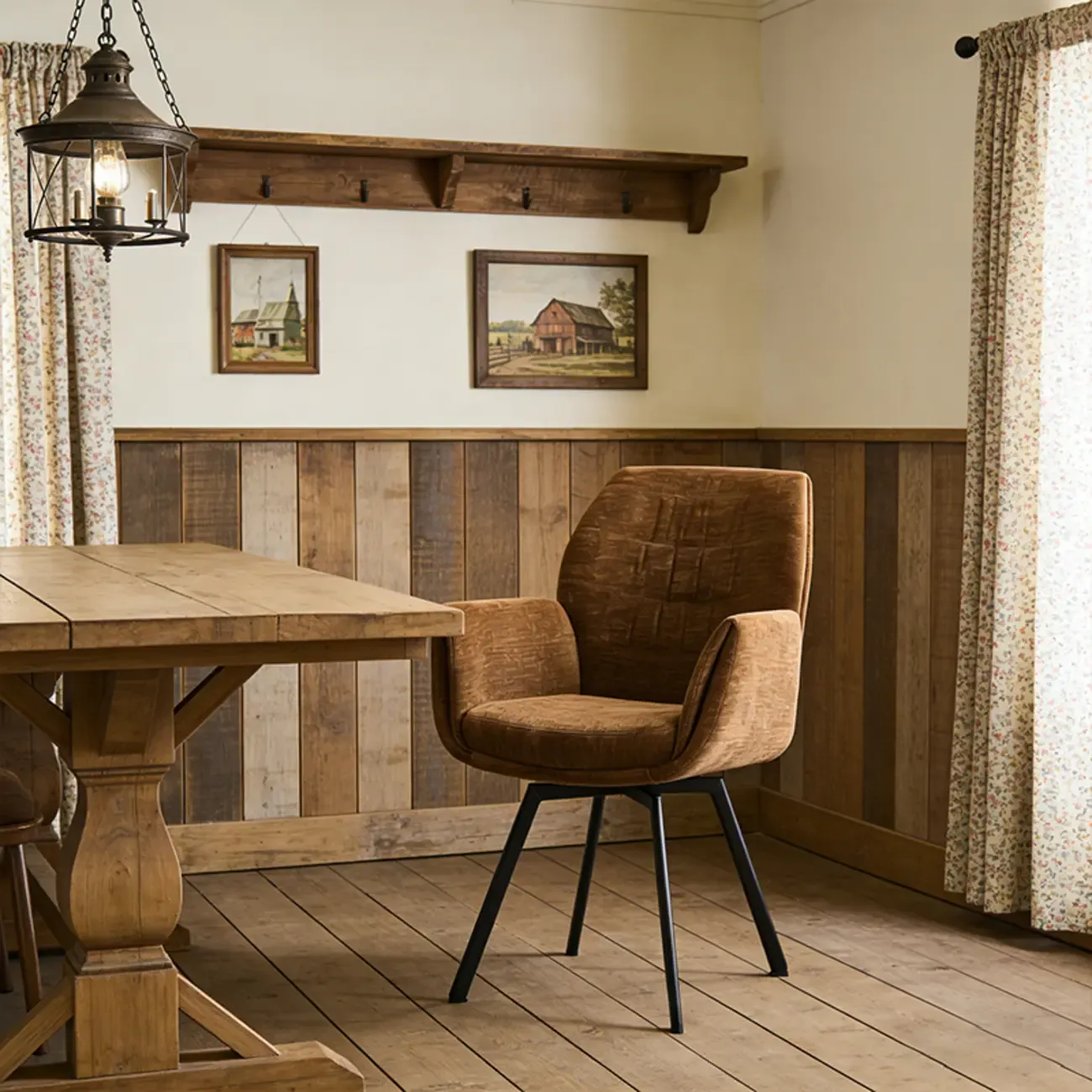 Brown Curved Back Chenille Arm Chair Dining Chairs Image - 2