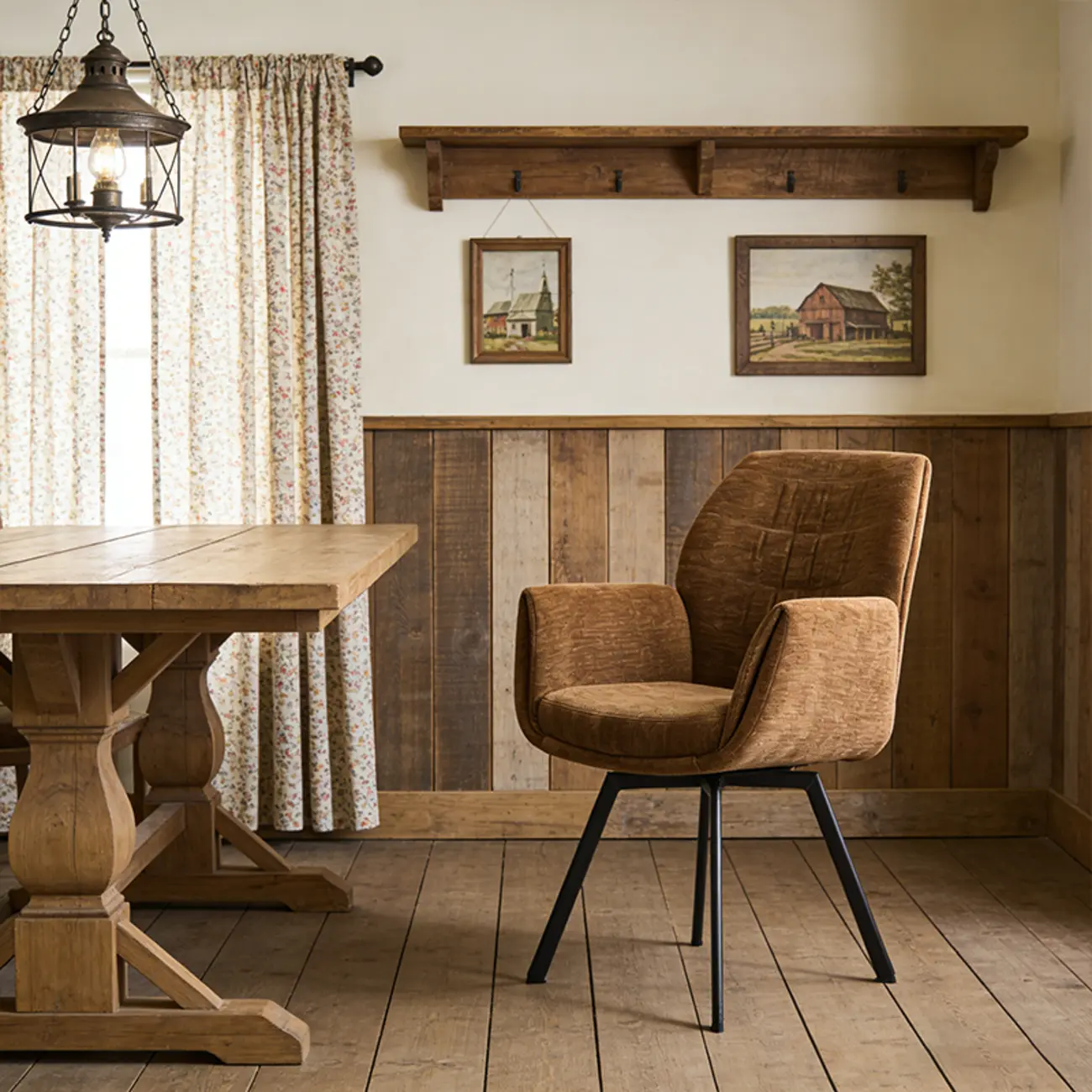 Brown Curved Back Chenille Arm Chair Dining Chairs Image - 1 | homeyfad