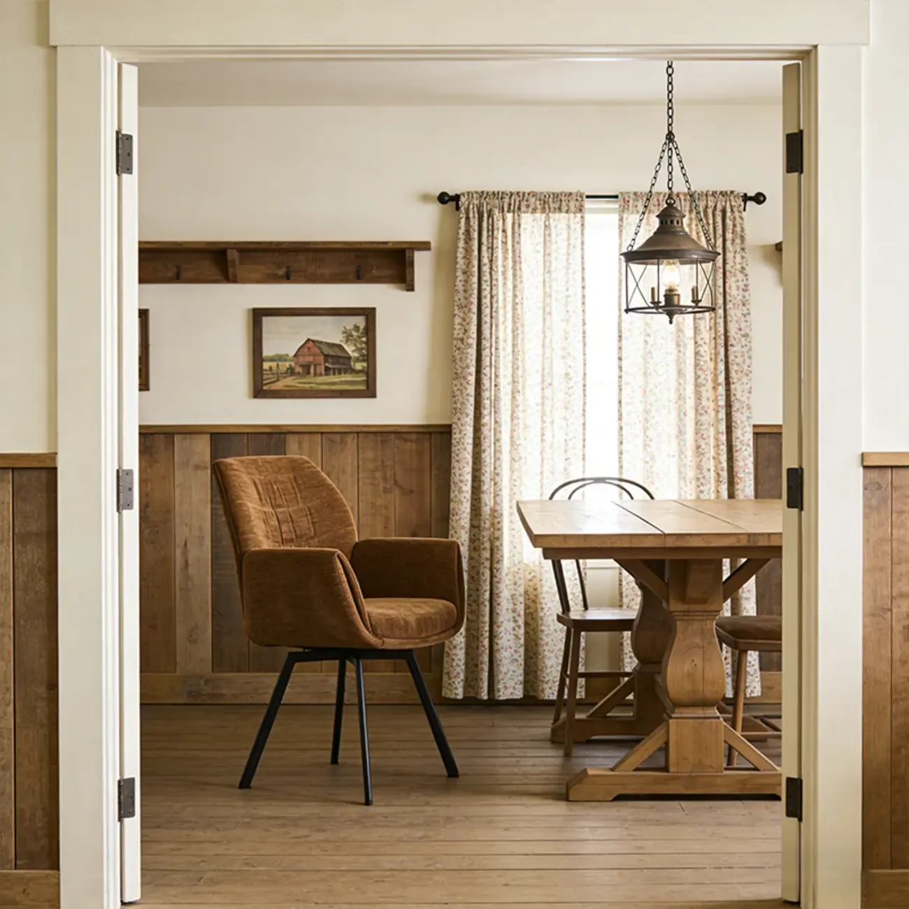 Brown Curved Back Chenille Arm Chair Dining Chairs Image - 3