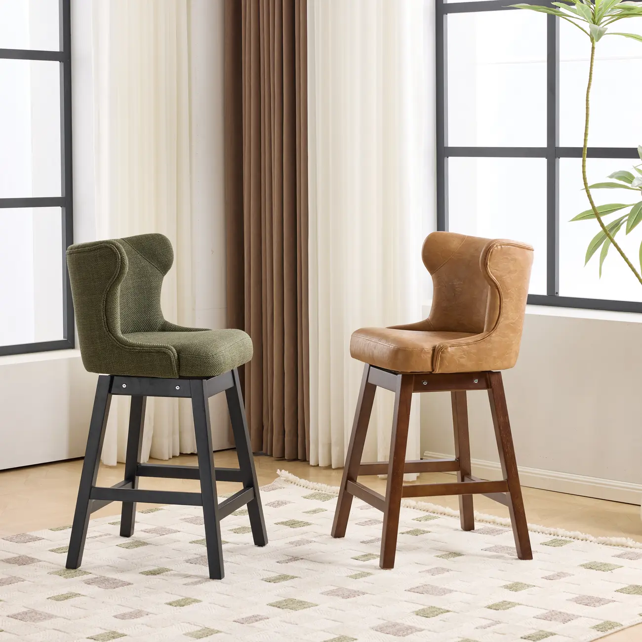 Mid-century Modern Upholstered Swivel Bar Height Bar Stools Set of 2 Image - 3 | homeyfad