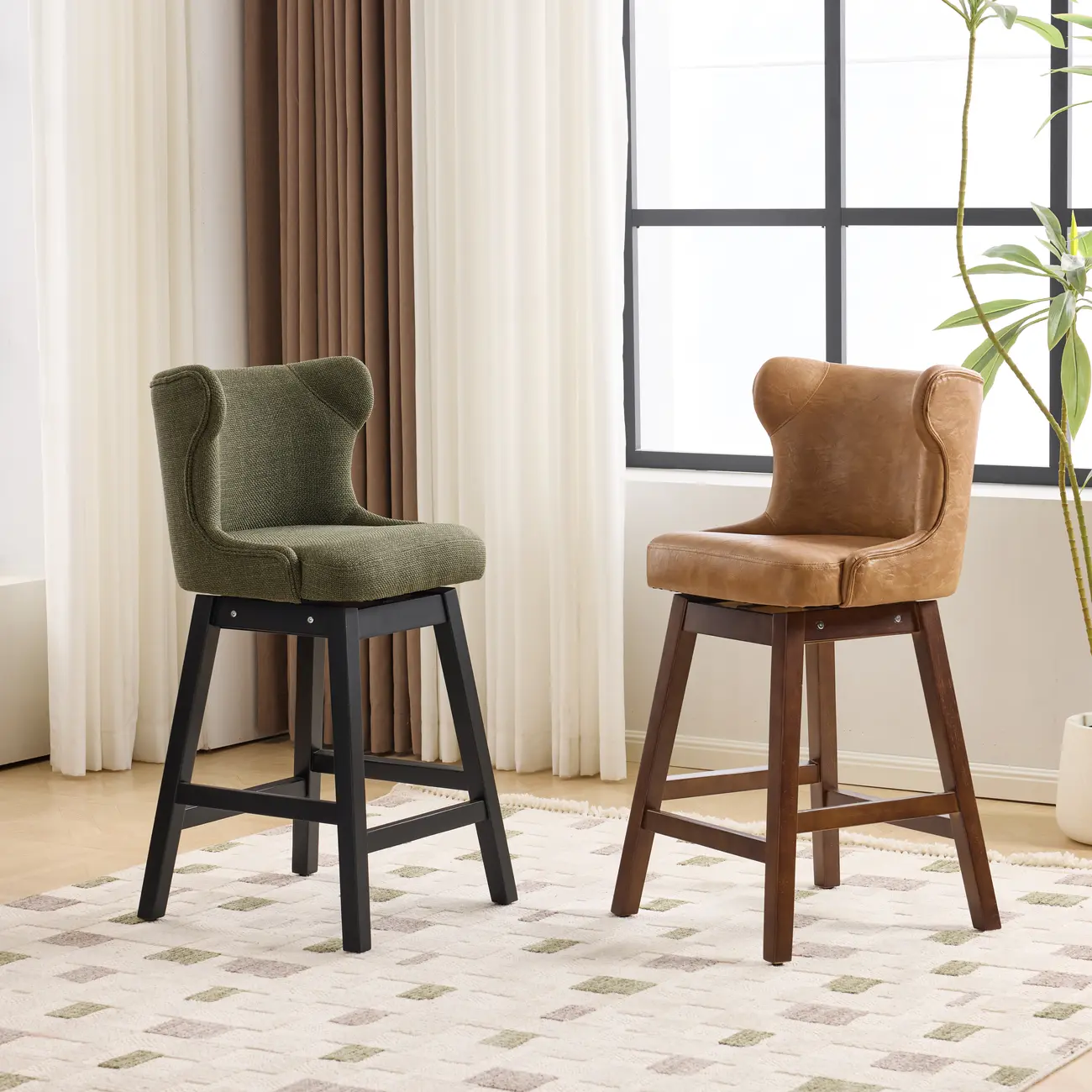 Mid-century Modern Upholstered Swivel Bar Height Bar Stools Set of 2 Image - 1 | homeyfad