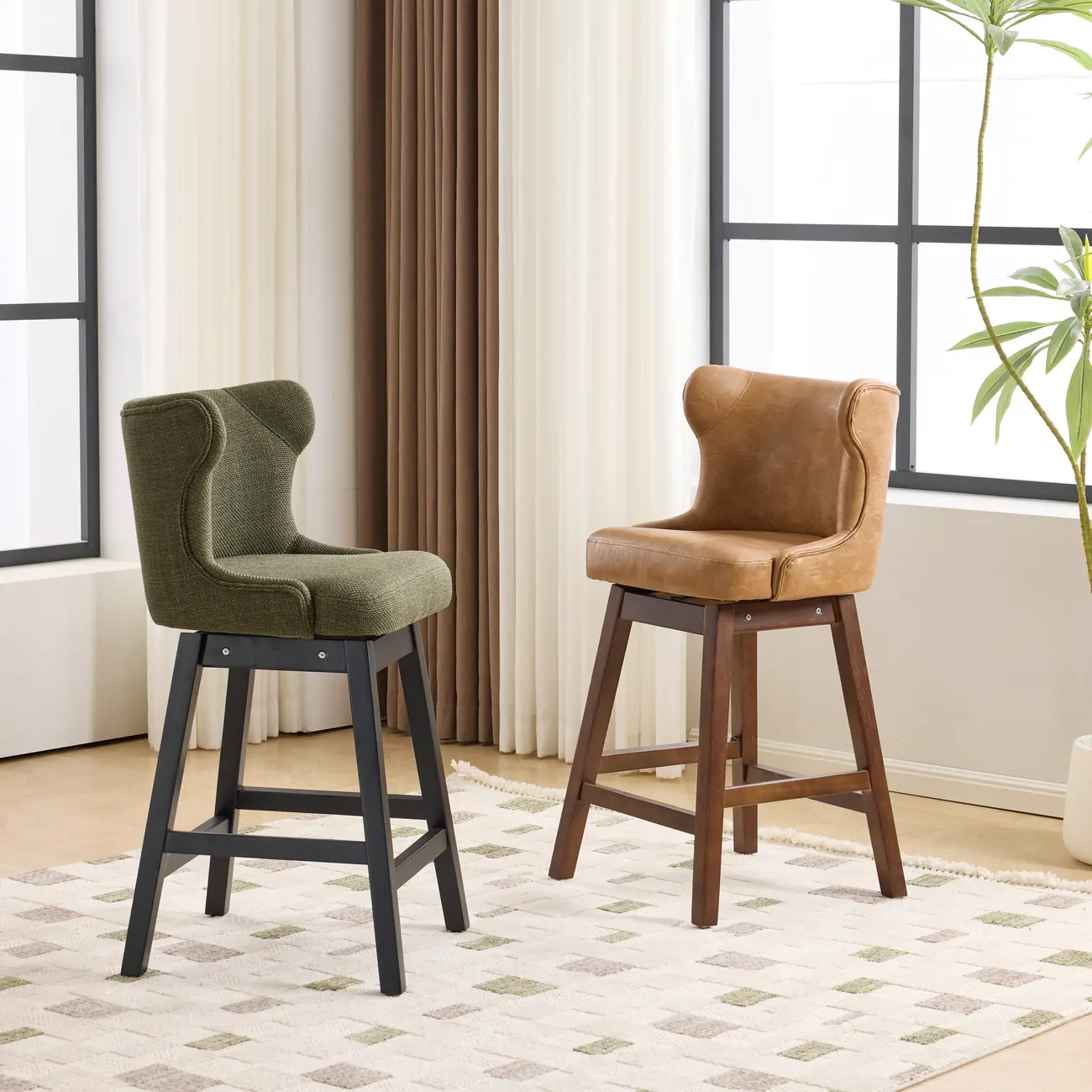 Mid-century Modern Upholstered Swivel Bar Height Bar Stools Set of 2 Image - 9 | homeyfad