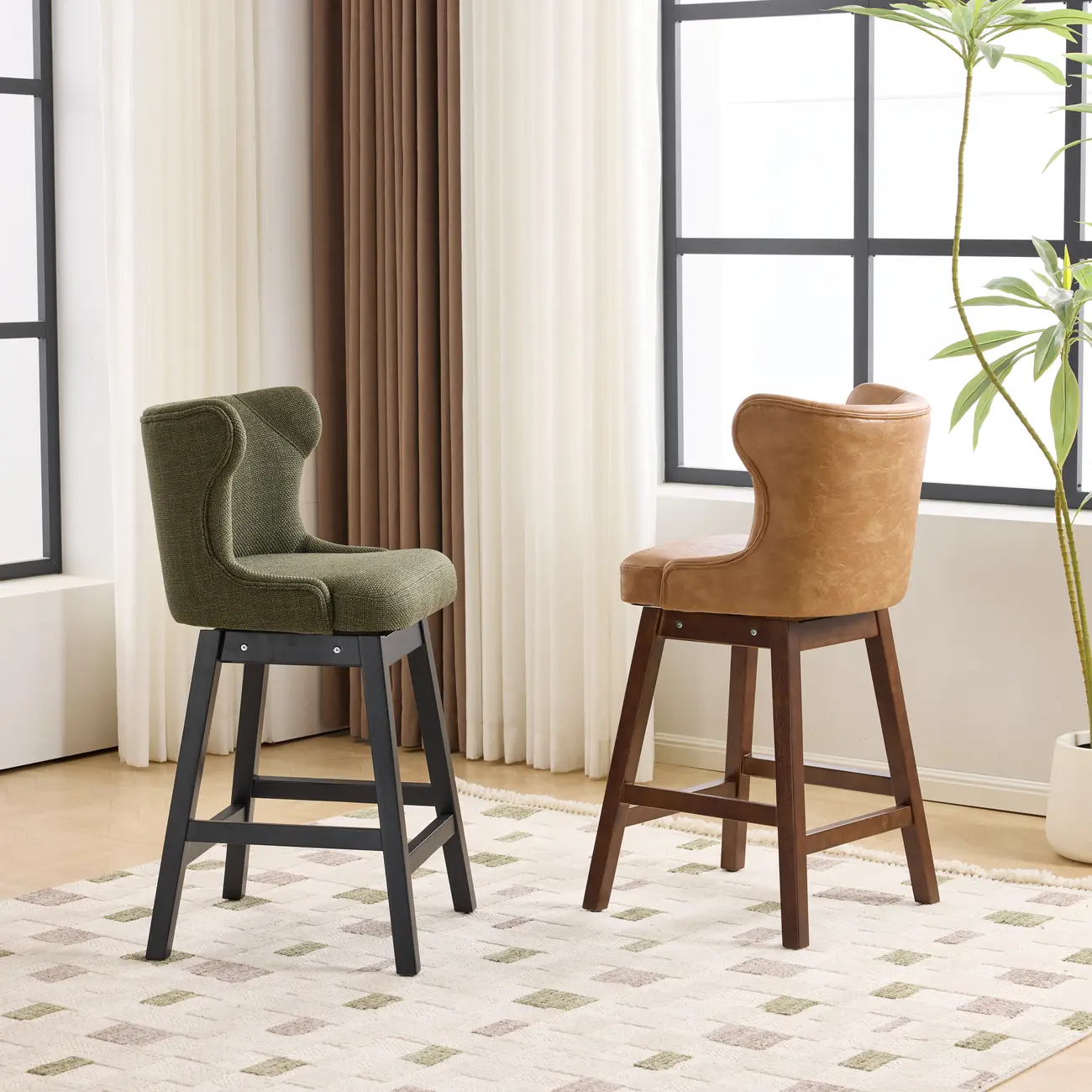 Mid-century Modern Upholstered Swivel Bar Height Bar Stools Set of 2 Image - 10 | homeyfad