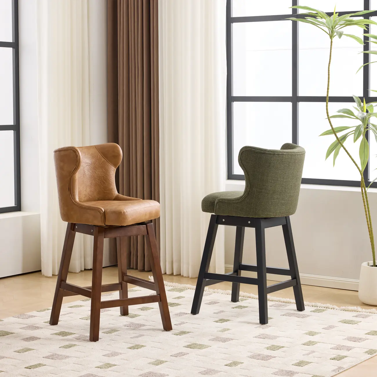 Mid-century Modern Upholstered Swivel Bar Height Bar Stools Set of 2 Image - 7 | homeyfad