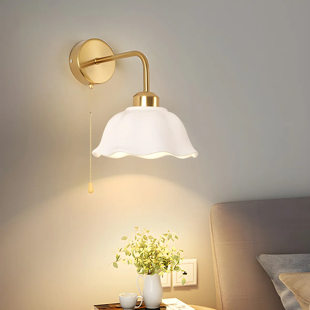 Modern Gold White Ceramic Pull Chain Wall Sconce Image - 1 | homeyfad