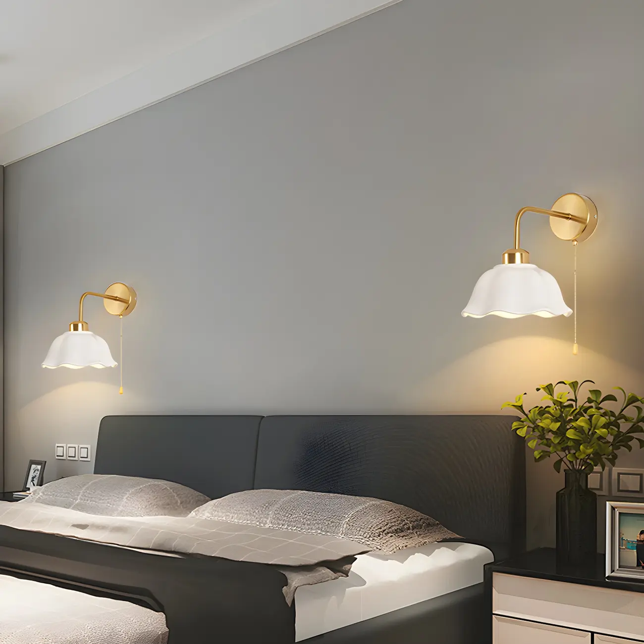 Modern Gold White Ceramic Pull Chain Wall Sconce Image - 5 | homeyfad