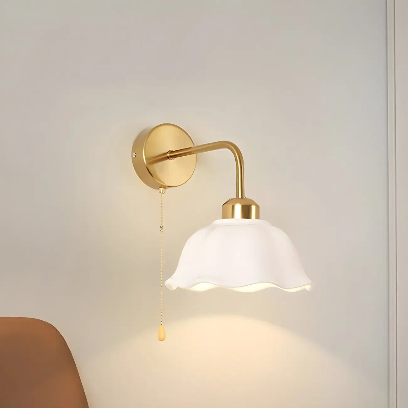 Modern Gold White Ceramic Pull Chain Wall Sconce Image - 8