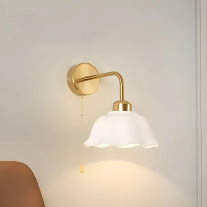 Modern Gold White Ceramic Pull Chain Wall Sconce Image - 8