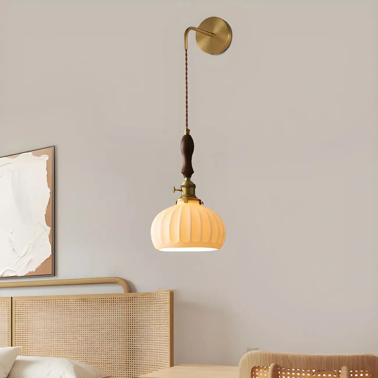 Vintage Brass Ceramic White Pendant Wall Sconce Image - 1