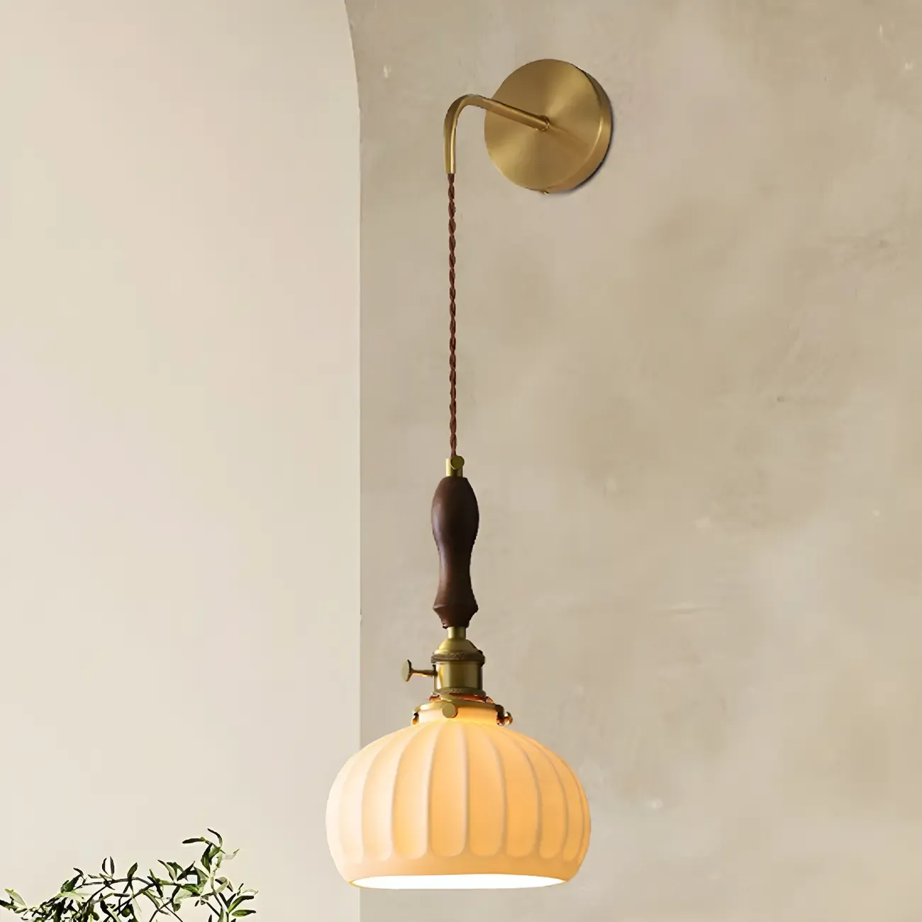 Vintage Brass Ceramic White Pendant Wall Sconce Image - 3