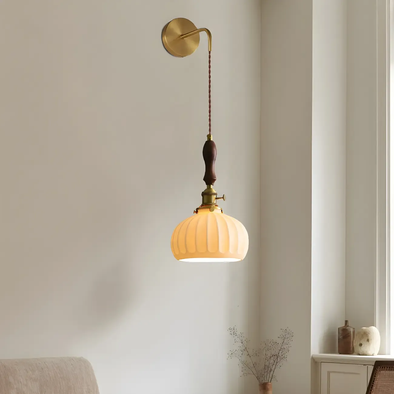 Vintage Brass Ceramic White Pendant Wall Sconce Image - 4