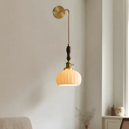 Vintage Brass Ceramic White Pendant Wall Sconce Image - 4