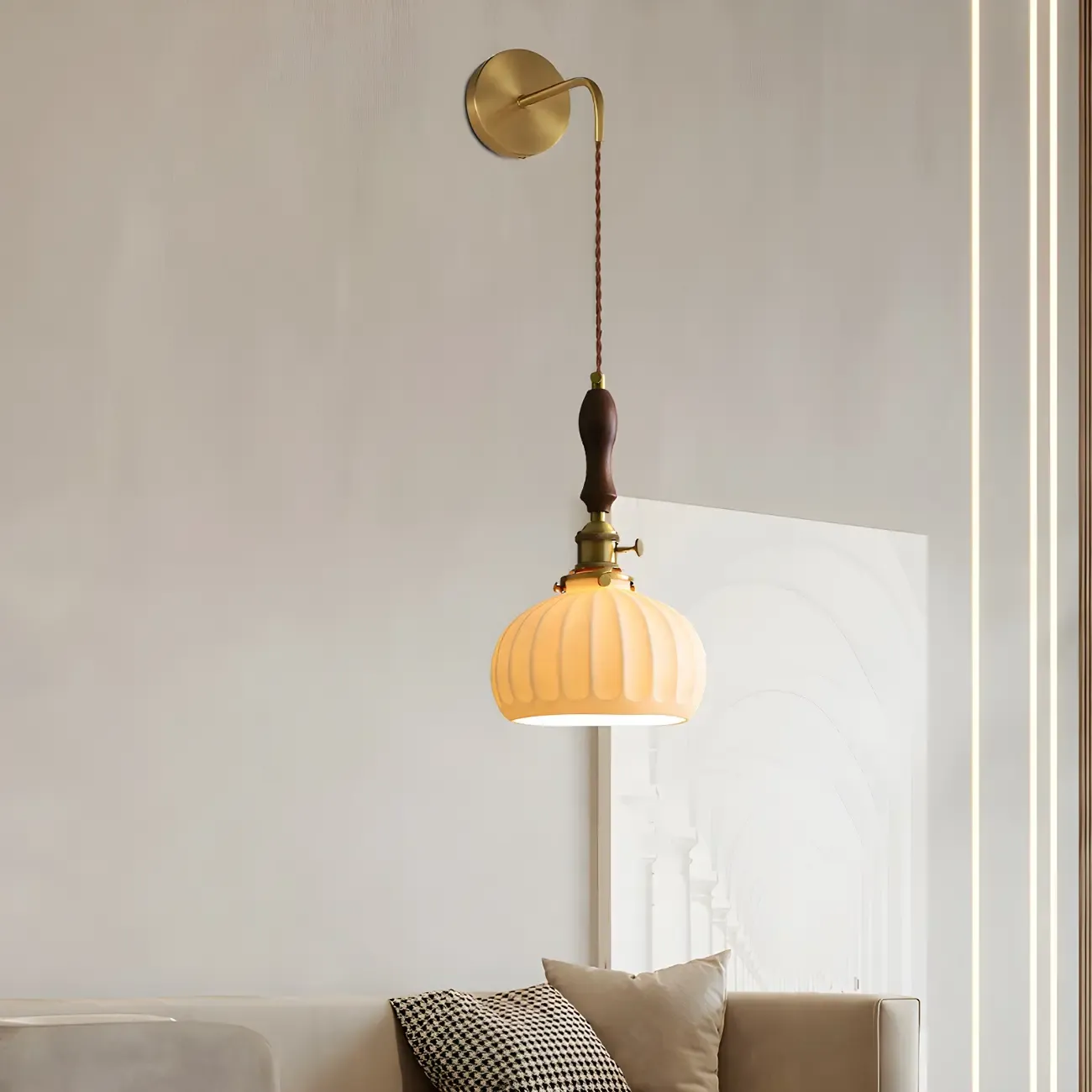 Vintage Brass Ceramic White Pendant Wall Sconce Image - 10