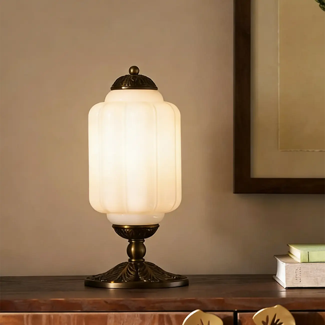 Vintage Green Elegant Glass Table Lamp with Brass Base Image - 3 | homeyfad