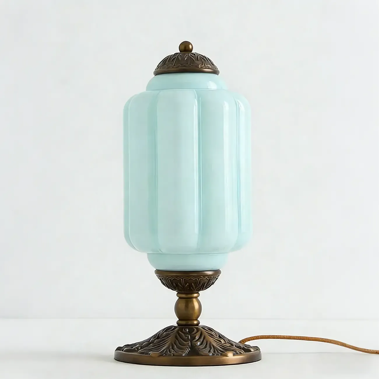 Vintage Green Elegant Glass Table Lamp with Brass Base Image - 7