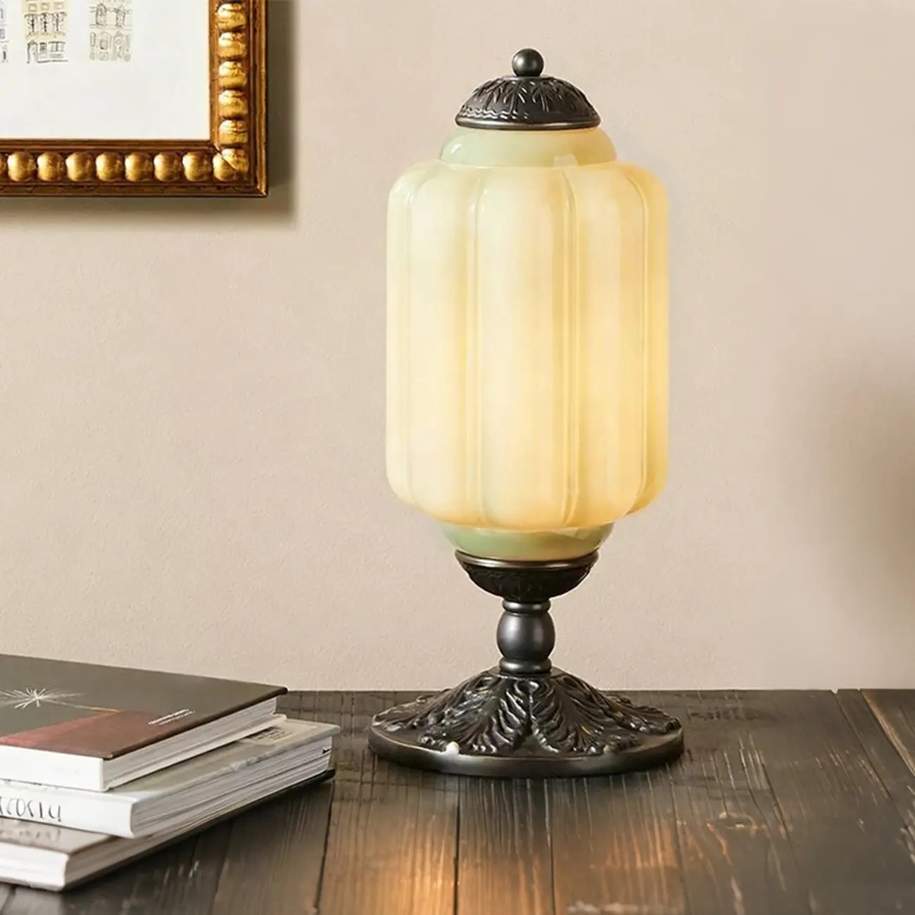 Vintage Green Elegant Glass Table Lamp with Brass Base Image - 4 | homeyfad