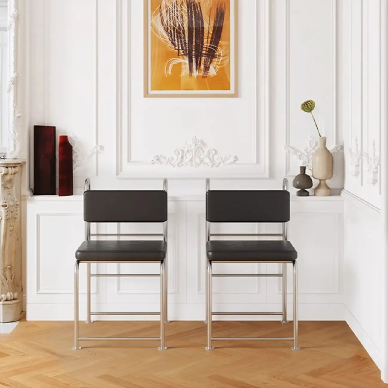 Contemporary Low Back Faux Leather Metal Dining Chairs Image - 5