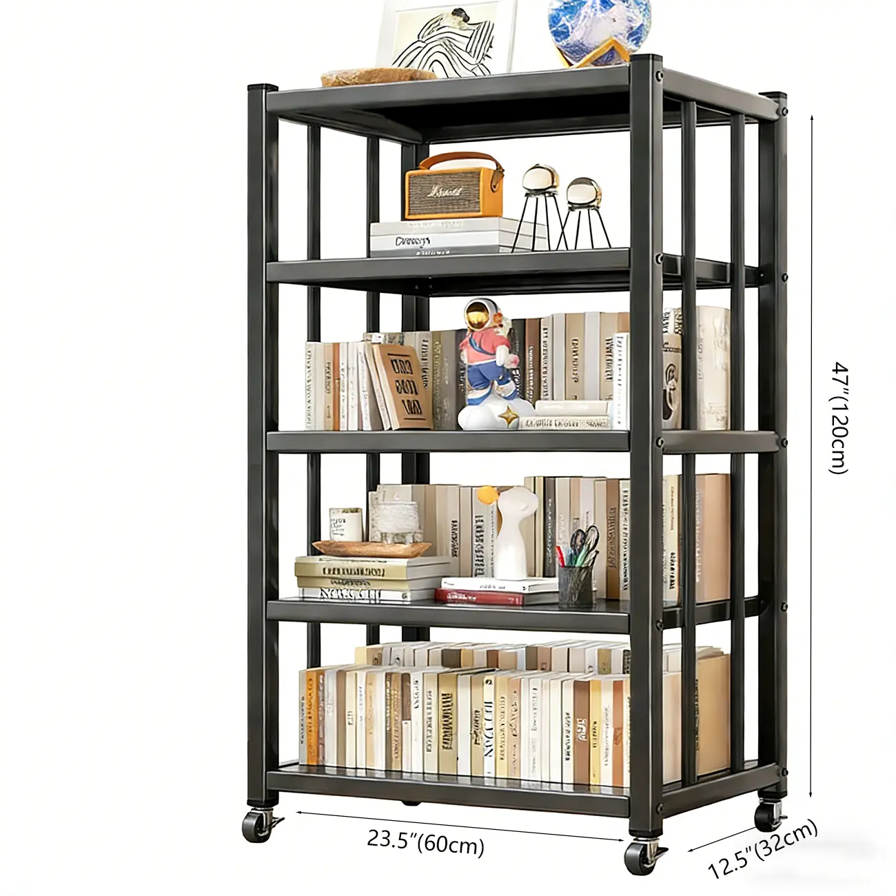 Contemporary Industrial Black Metal 5-Tier Rolling Bookcase #size | homeyfad