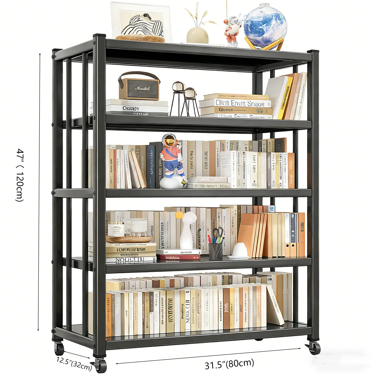 Contemporary Industrial Black Metal 5-Tier Rolling Bookcase Image - 8 | homeyfad