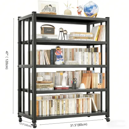 Contemporary Industrial Black Metal 5-Tier Rolling Bookcase Image - 8