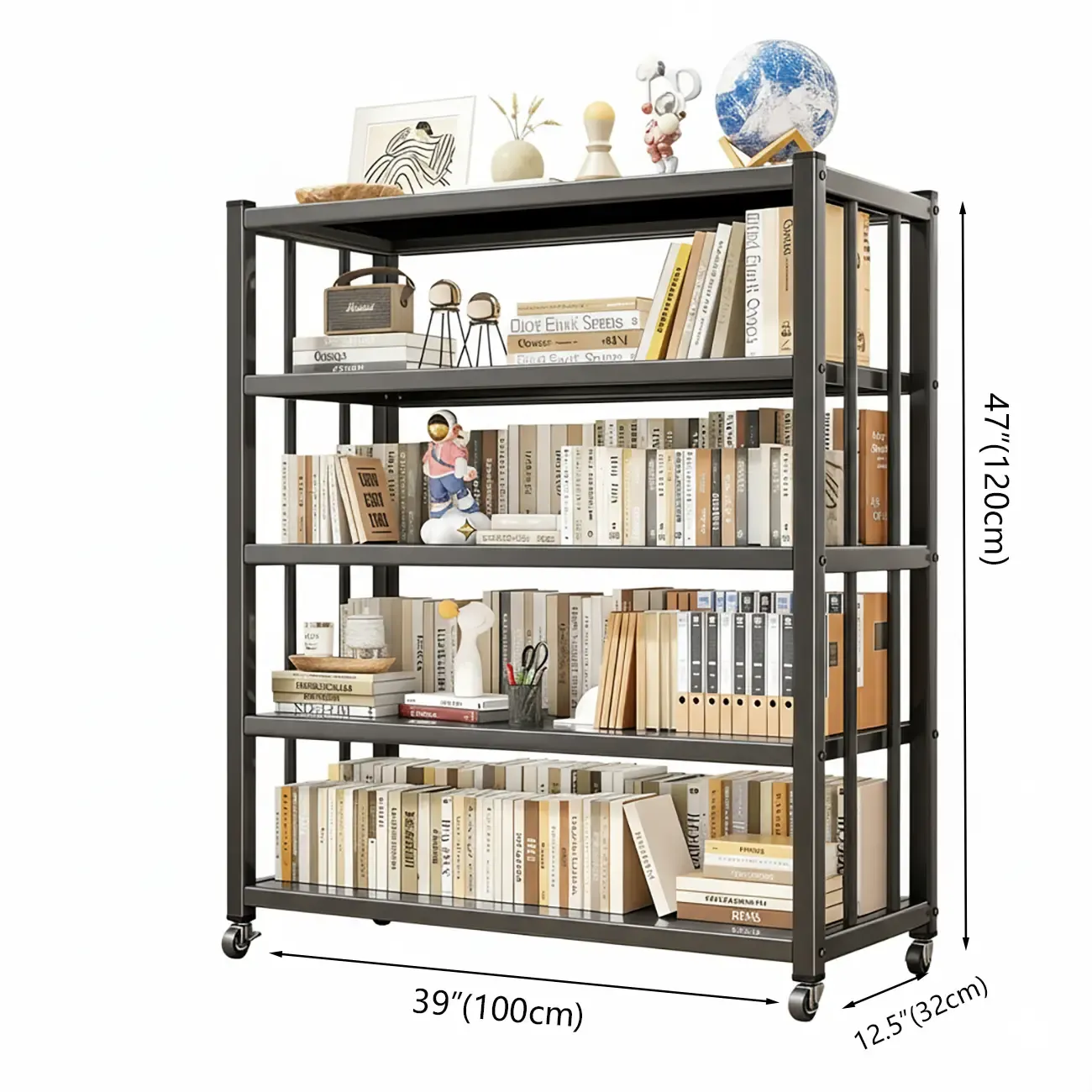 Contemporary Industrial Black Metal 5-Tier Rolling Bookcase Image - 9