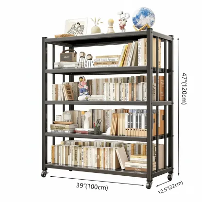 Contemporary Industrial Black Metal 5-Tier Rolling Bookcase Image - 9