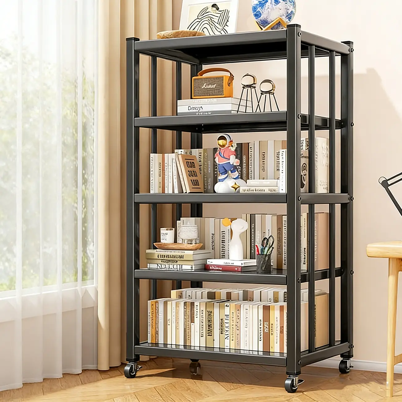 Contemporary Industrial Black Metal 5-Tier Rolling Bookcase Image - 1 | homeyfad