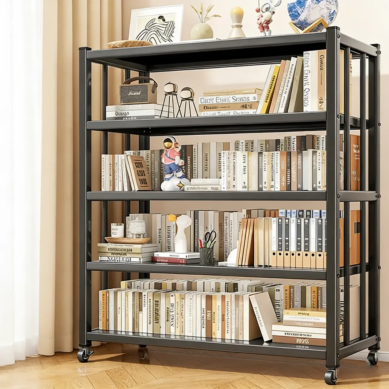 Contemporary Industrial Black Metal 5-Tier Rolling Bookcase Image - 3