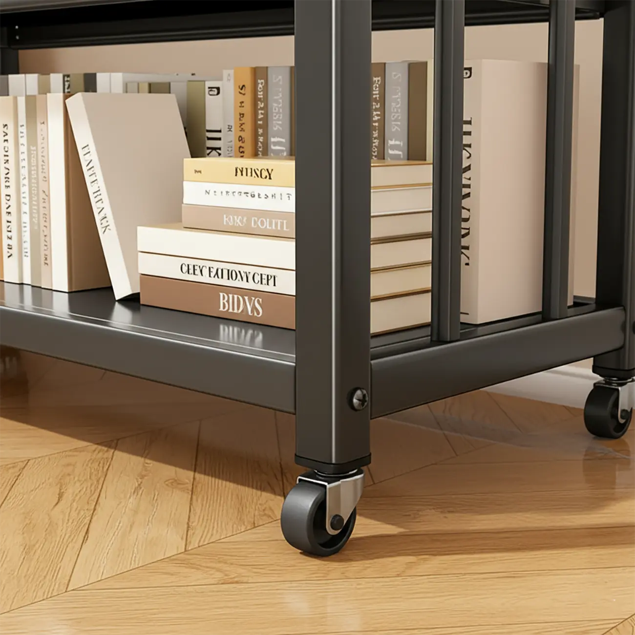 Contemporary Industrial Black Metal 5-Tier Rolling Bookcase Image - 4 | homeyfad