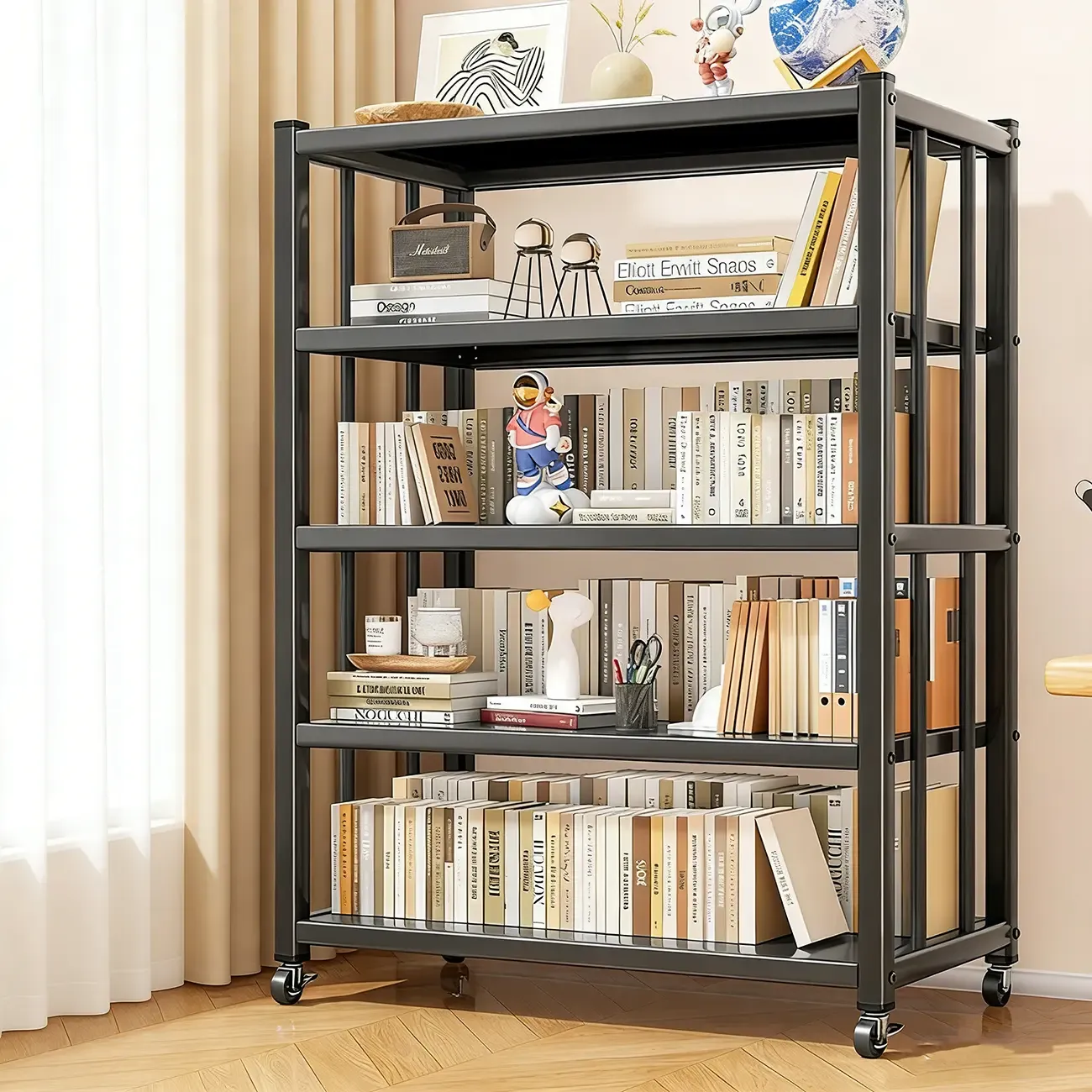 Contemporary Industrial Black Metal 5-Tier Rolling Bookcase Image - 2