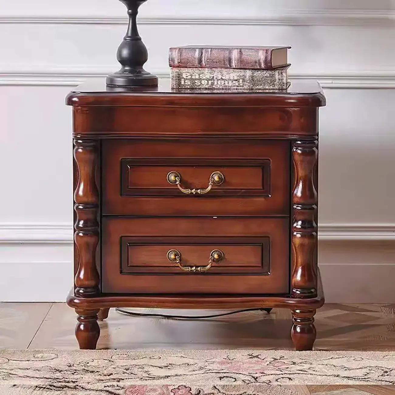 Victorian Brown 2-Drawer Wood Nightstand for Bedroom Image - 1